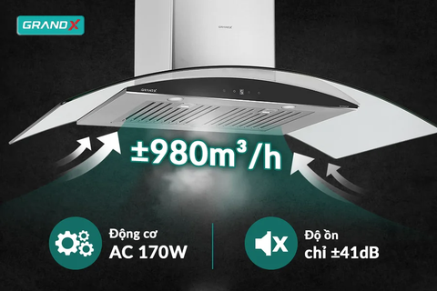 Hút mùi kính cong GrandX GX H70C55 – Cực êm ái hút khỏe 980m³/h