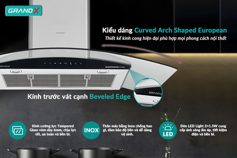 Hút mùi kính cong GrandX GX H90C62S - BLDC 1050m3/h siêu êm