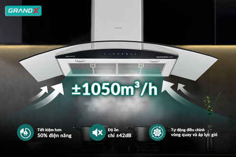 Hút mùi kính cong GrandX GX H90C62S - BLDC 1050m3/h siêu êm