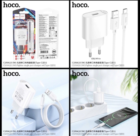 Bộ sạc 10.5W HOCO C109A (TypeC 10.5W) cóc 1 cổng USB kèm cáp usb ra Type C chính hãng (4)