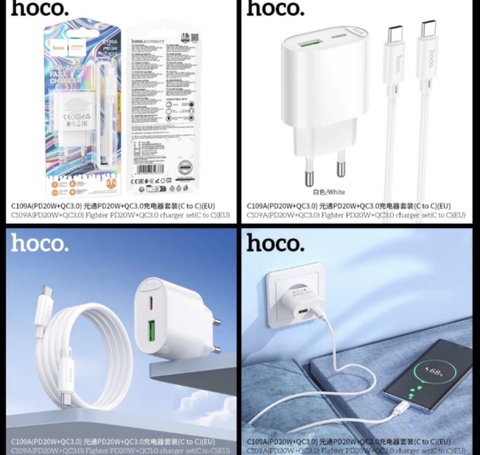 Bộ sạc HOCO C109A (CÓC MẪU MỚI c-c) sạc nhanh 20w+QC3.0 cóc 2 cổng 1U 1C kèm cáp 2 đầu Type C chính hãng (6)