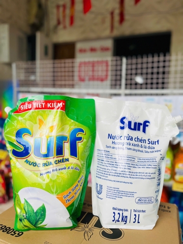 TÚI NƯỚC RỬA CHÉN SURF 3.2kg HƯƠNG TRÀ XANH & LÁ DỨA CHÍNH HÃNG (Kh áp dụng giảm 10%)