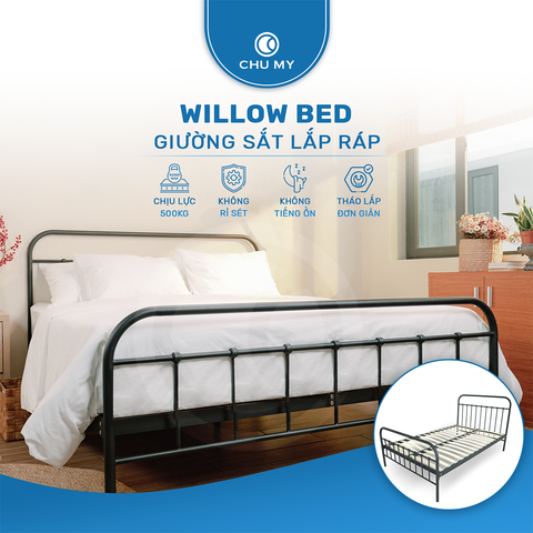 Giường sắt lắp ráp CHUMY WILLOW sơn tĩnh điện, khung thép ống, màu đen nhám/trắng bóng