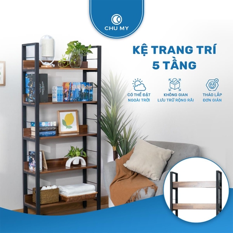 Kệ trang trí 5 tầng CHU MY khung thép sơn tĩnh điện, mặt ván gỗ tràm tự nhiên dày 17cm, trọng lượng 25.5KG