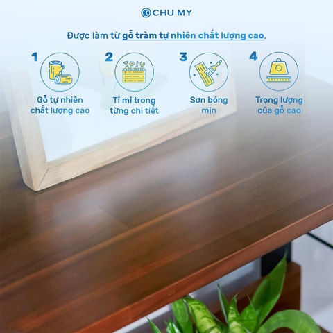 Kệ trang trí 5 tầng CHU MY khung thép sơn tĩnh điện, mặt ván gỗ tràm tự nhiên dày 17cm, trọng lượng 25.5KG