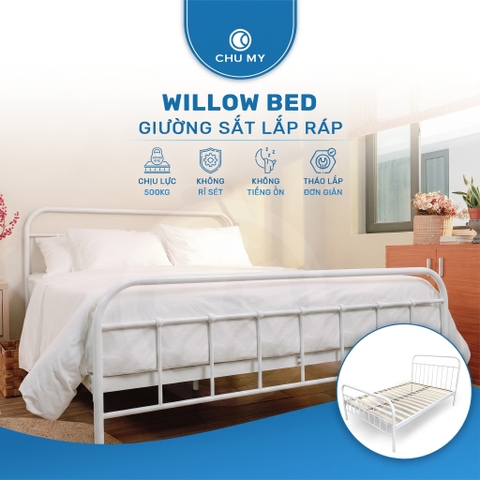 Giường sắt lắp ráp CHUMY WILLOW sơn tĩnh điện, khung thép ống, màu đen nhám/trắng bóng