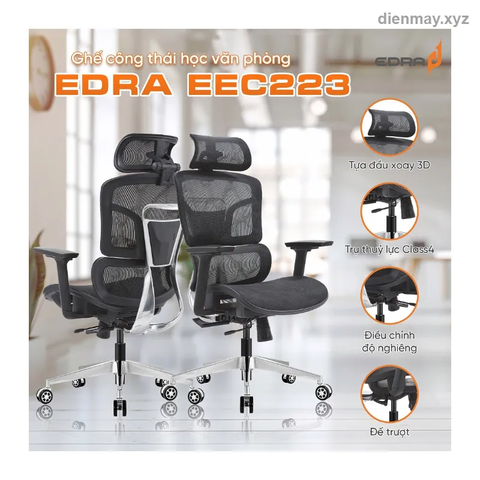 Ghế công thái học E-Dra EEC223 Đen (lưng lưới 2 mảnh, tay 3D) - Dân văn phòng, game thủ ngồi lâu cần ghế công thái học tầm trung–cao