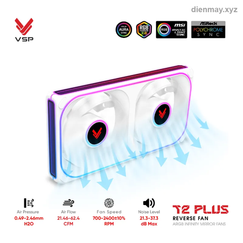 Quạt Tản Nhiệt VSP T2 PLUS Reverse Fan ARGB Infinity Mirror Trắng - Build PC tông trắng, case kính cường lực