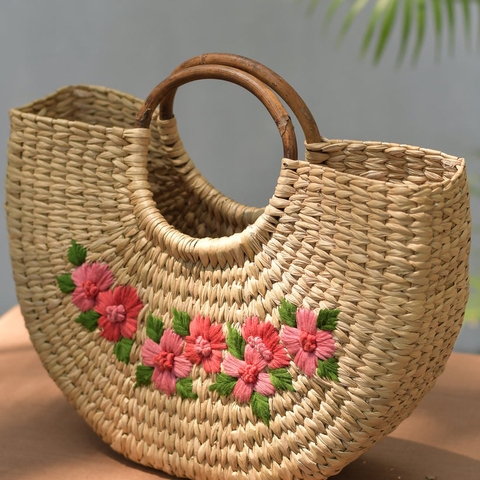 Túi Xách Cỏ Kouna Dáng Chữ U Thêu Hoa Văn
