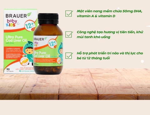 Dầu cá Tuyết bổ sung DHA Brauer Ultra Pure Cod Liver Oil dầu cá cho trẻ từ 1 tuổi dạng 90 viên nang