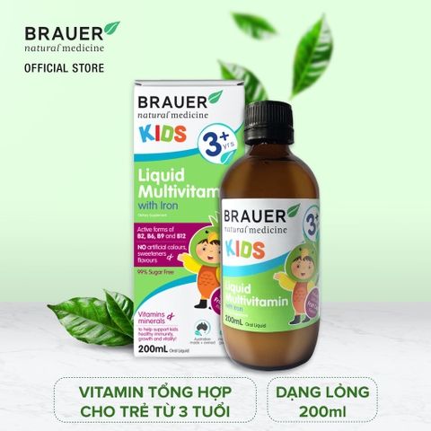 Siro vitamin tổng hợp và sắt cho trẻ từ 3 tuổi brauer liquid multivitamin with iron tăng đề kháng chai 200ml