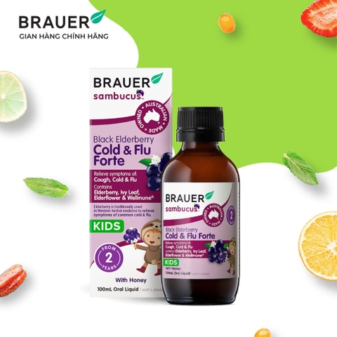 Siro giảm các triệu chứng cảm cúm, cảm lạnh Brauer Black Elederberry cold and flu forte (100ML)