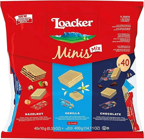 Bánh xốp Socola hạt dẻ Loacker Milky  Minis Chocolate Bag 800g mix 3 vị socola hạt dẻ, socola đen và socola vị vani  80 gói nhỏ