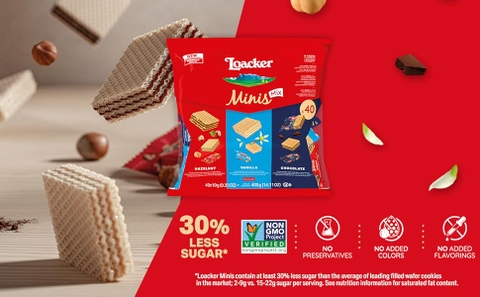 Bánh xốp Socola hạt dẻ Loacker Milky  Minis Chocolate Bag 800g mix 3 vị socola hạt dẻ, socola đen và socola vị vani  80 gói nhỏ