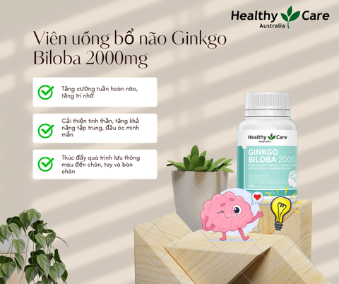 Bổ não ginkgo bibola 2000mg Healthy Care hỗ trợ tuần hoàn máu não hộp 100 viên