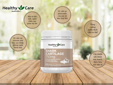 Sụn vi cá Healthy Care shark cartilage 750mg hỗ trợ xương khớp hộp 200 viên