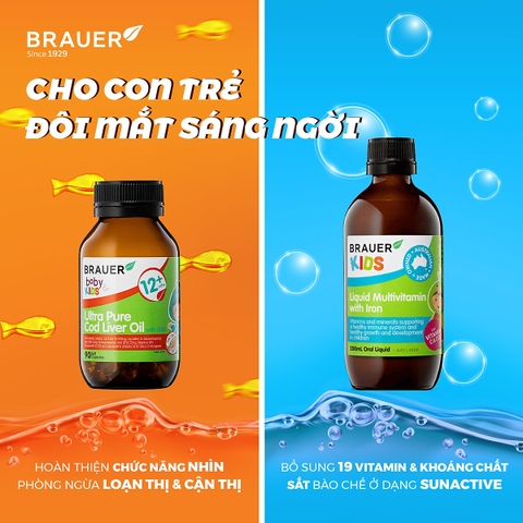 Dầu cá Tuyết bổ sung DHA Brauer Ultra Pure Cod Liver Oil dầu cá cho trẻ từ 1 tuổi dạng 90 viên nang