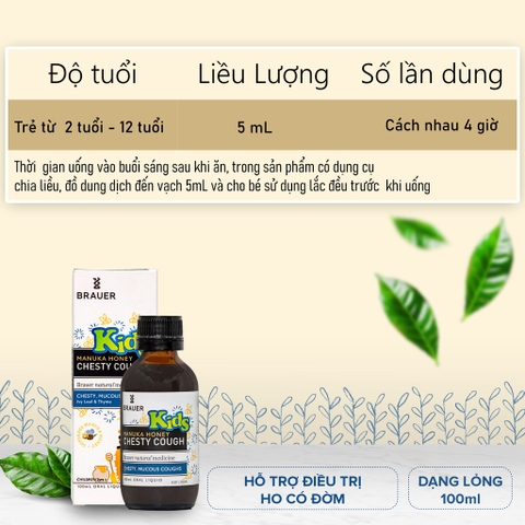 Siro giảm ho có đờm dạng lỏng Brauer Chesty Cough cho bé từ 2 tuổi trở lên 100ml