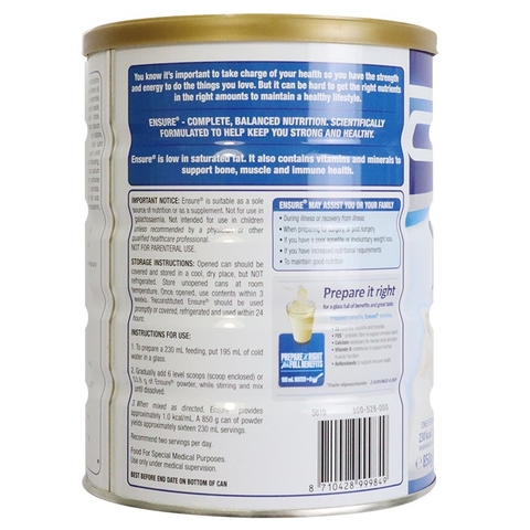 Sữa bột ensure  abbott vanilla 850g nội địa Úc hương vani giàu dinh dưỡng hộp 850g