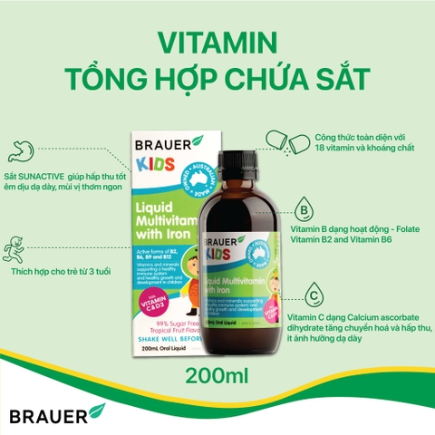 Siro vitamin tổng hợp và sắt cho trẻ từ 3 tuổi brauer liquid multivitamin with iron tăng đề kháng chai 200ml