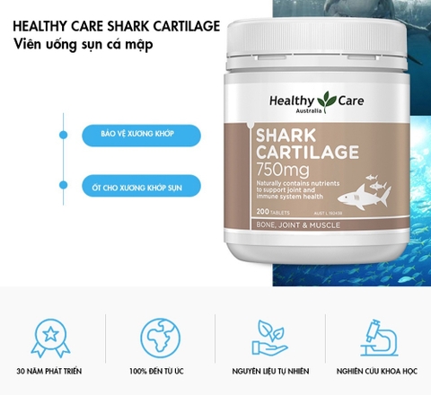 Sụn vi cá Healthy Care shark cartilage 750mg hỗ trợ xương khớp hộp 200 viên