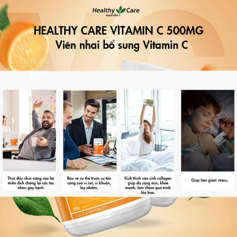 Viên nhai Vitamin C 500mg Chewable Healthy Care hỗ trợ làm đẹp da, tăng đề kháng 500 viên
