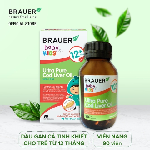 Dầu cá Tuyết bổ sung DHA Brauer Ultra Pure Cod Liver Oil dầu cá cho trẻ từ 1 tuổi dạng 90 viên nang