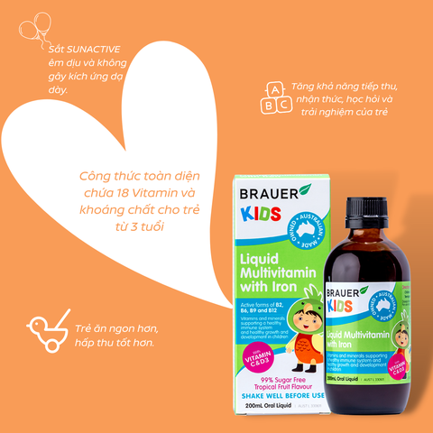 Siro vitamin tổng hợp và sắt cho trẻ từ 3 tuổi brauer liquid multivitamin with iron tăng đề kháng chai 200ml