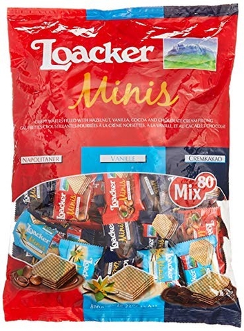 Bánh xốp Socola hạt dẻ Loacker Milky  Minis Chocolate Bag 800g mix 3 vị socola hạt dẻ, socola đen và socola vị vani  80 gói nhỏ