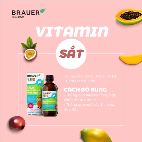 Siro vitamin tổng hợp và sắt cho trẻ từ 3 tuổi brauer liquid multivitamin with iron tăng đề kháng chai 200ml