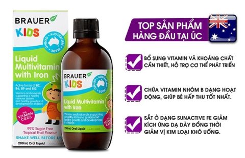 Siro vitamin tổng hợp và sắt cho trẻ từ 3 tuổi brauer liquid multivitamin with iron tăng đề kháng chai 200ml