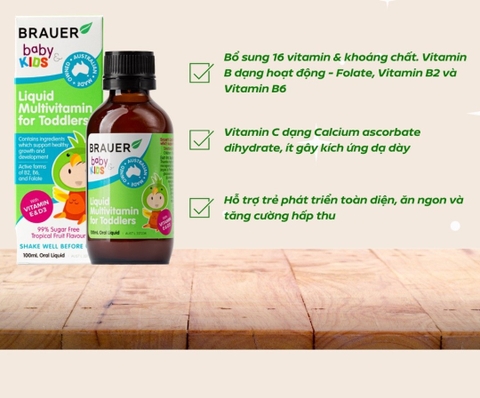 Siro vitamin tổng hợp và sắt cho trẻ từ 3 tuổi brauer liquid multivitamin with iron tăng đề kháng chai 200ml