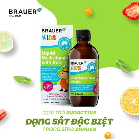 Siro vitamin tổng hợp và sắt cho trẻ từ 3 tuổi brauer liquid multivitamin with iron tăng đề kháng chai 200ml