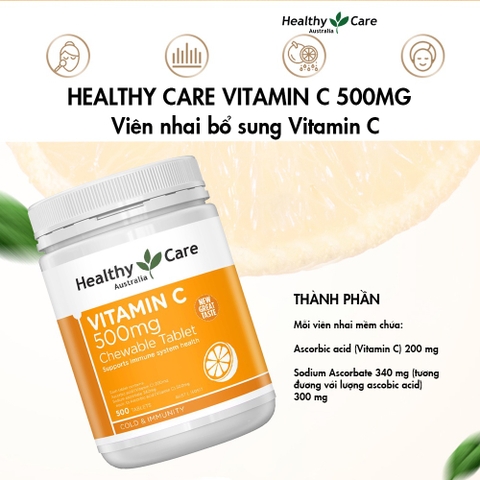 Viên nhai Vitamin C 500mg Chewable Healthy Care hỗ trợ làm đẹp da, tăng đề kháng 500 viên