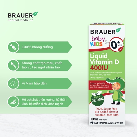 Siro bổ sung Vitamin D 400IU từ thực vật hữu cơ Brauer Baby Kids Liquid 10ml dành cho trẻ sơ sinh trở lên