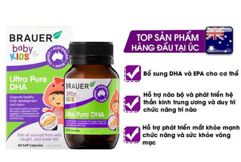Dầu cá DHA brauer baby kids ultra pure DHA phát triển trí não cho bé từ 7 tháng tuổi hộp 60 viên nang mềm