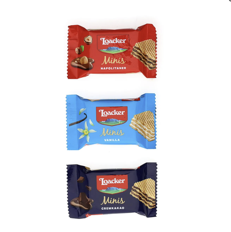 Bánh xốp Socola hạt dẻ Loacker Milky  Minis Chocolate Bag 800g mix 3 vị socola hạt dẻ, socola đen và socola vị vani  80 gói nhỏ