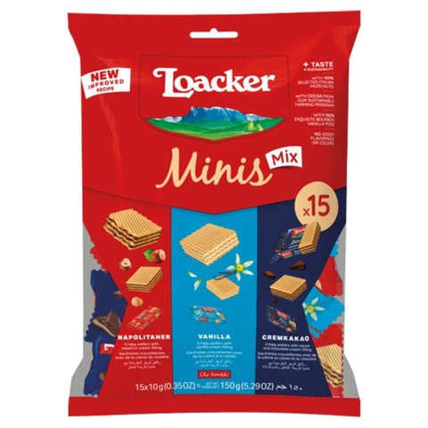 Bánh xốp Socola hạt dẻ Loacker Milky  Minis Chocolate Bag 800g mix 3 vị socola hạt dẻ, socola đen và socola vị vani  80 gói nhỏ
