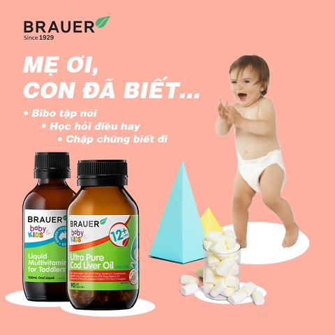 Dầu cá Tuyết bổ sung DHA Brauer Ultra Pure Cod Liver Oil dầu cá cho trẻ từ 1 tuổi dạng 90 viên nang