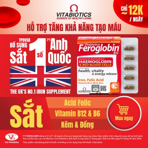 TPBVSK Vitabiotics Feroglobin B12 Haemoglobin Hộp 30 Viên Hỗ Trợ tăng khả năng tạo máu, bổ sung sắt