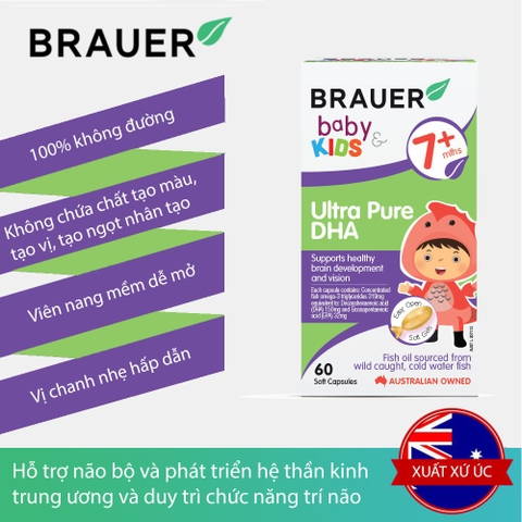Dầu cá DHA brauer baby kids ultra pure DHA phát triển trí não cho bé từ 7 tháng tuổi hộp 60 viên nang mềm