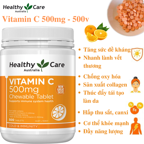 Viên nhai Vitamin C 500mg Chewable Healthy Care hỗ trợ làm đẹp da, tăng đề kháng 500 viên