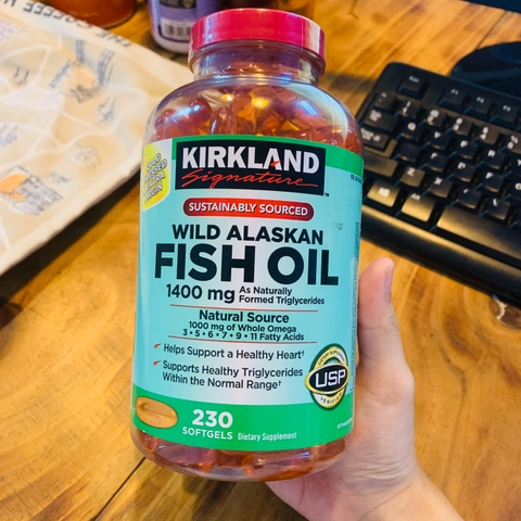 Dầu cá Kirkland Signature Fish Oil Alaskan 1400mg 230 viên hỗ trợ tim mạch, huyết áp, xương khớp cải thiện trí nhớ, sáng mắt