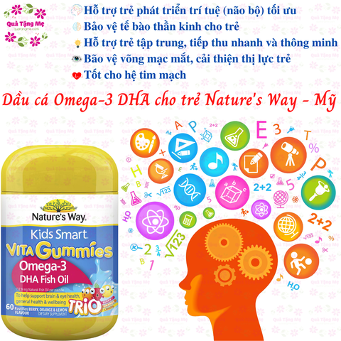 Kẹo dẻo Nature's Way Kids Smart Vita Gummies Omega-3 DHA Fish Oil hỗ trợ sức khoẻ não Và mắt cho bé 60 viên
