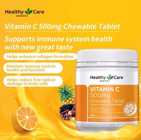 Viên nhai Vitamin C 500mg Chewable Healthy Care hỗ trợ làm đẹp da, tăng đề kháng 500 viên