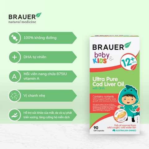 Dầu cá Tuyết bổ sung DHA Brauer Ultra Pure Cod Liver Oil dầu cá cho trẻ từ 1 tuổi dạng 90 viên nang