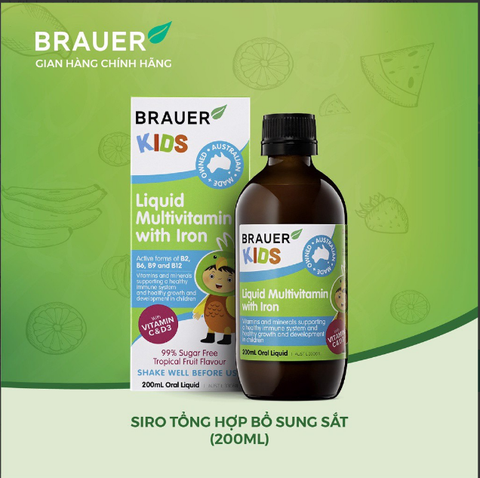 Siro vitamin tổng hợp và sắt cho trẻ từ 3 tuổi brauer liquid multivitamin with iron tăng đề kháng chai 200ml