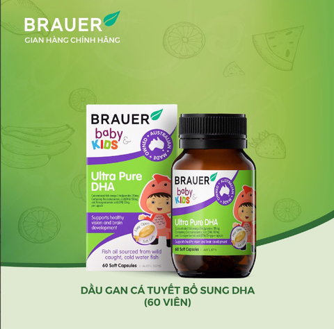 Dầu cá DHA brauer baby kids ultra pure DHA phát triển trí não cho bé từ 7 tháng tuổi hộp 60 viên nang mềm