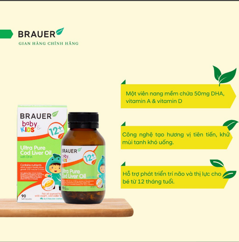 Dầu cá Tuyết bổ sung DHA Brauer Ultra Pure Cod Liver Oil dầu cá cho trẻ từ 1 tuổi dạng 90 viên nang