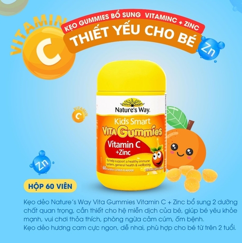 Kẹo Dẻo Nature's Way Kids Smart Vita Gummies Vitamin C+ ZinC – Bổ sung kẽm và vitamin C tăng sức đề kháng cho trẻ